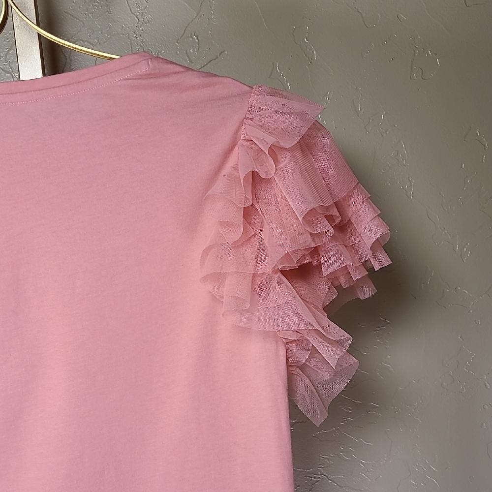 Alice + Olivia Blush Pink Rylan Tulle Sleeve T-shirt Fairy Top 100% Cotton - Picture 9 of 16